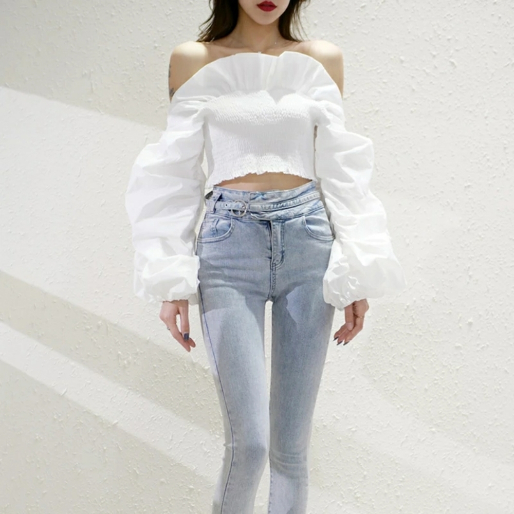 White Ruched Ruffle Long Sleeve Blouse